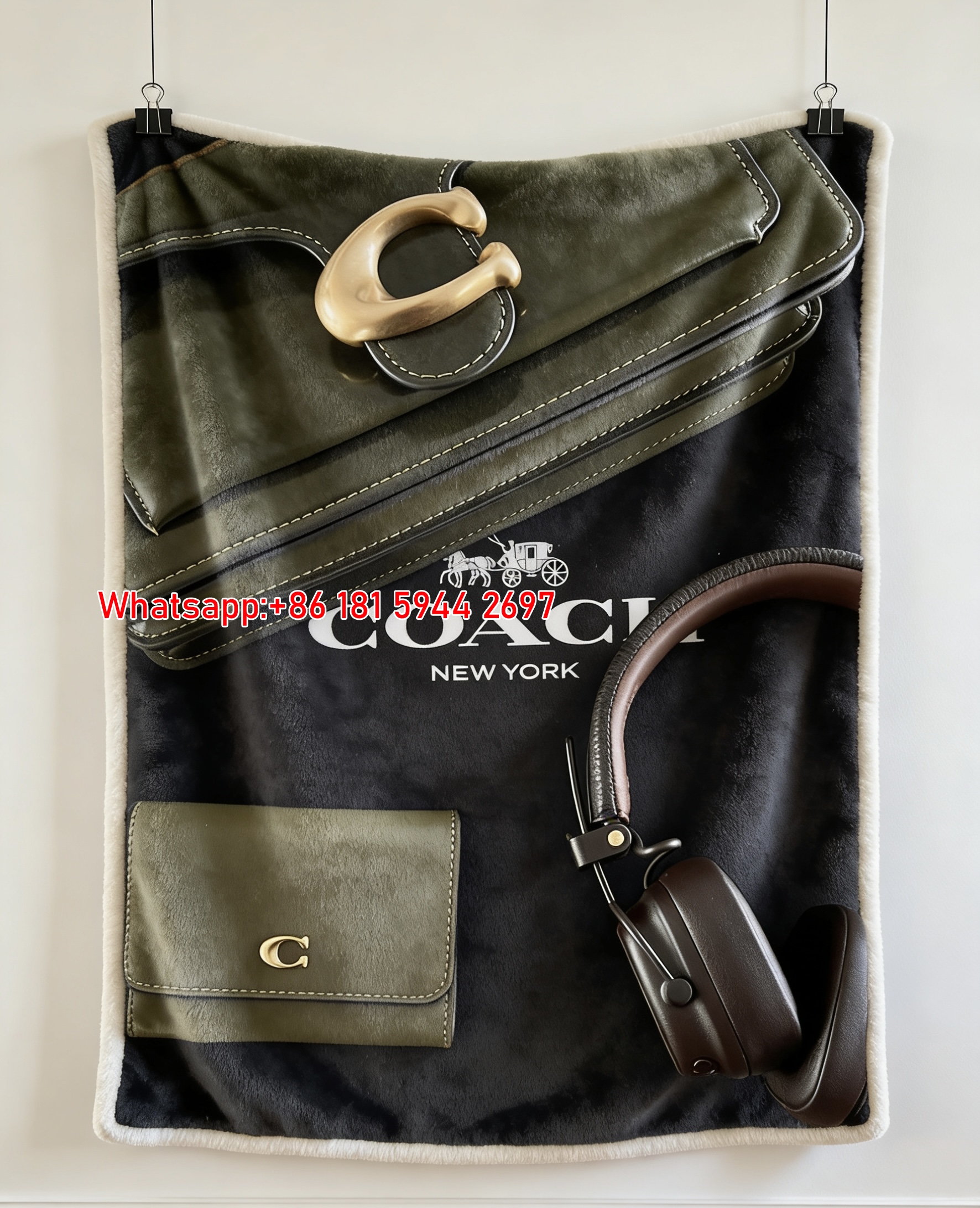 Coach Olive Green C Buckle Bag Print Flannel Sofa Throw Blanket C240